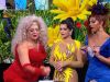 Drag queens knikkeren op kleurrijke lentebaan vol regenbogen en bloemen